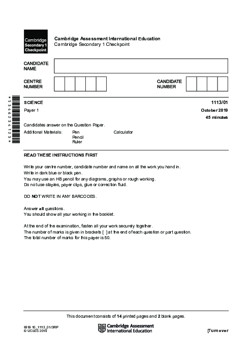 SCIENCE 1113,01 October 2019 | Cambridge Lower secondary Checkpoint Past Papers with Mark Schemes