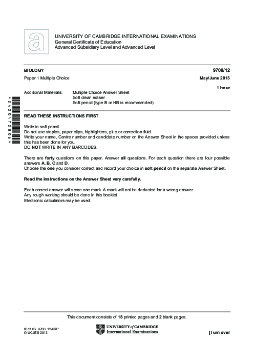 Paper 1, Variant 3, May June 2013 | Cambridge AS - A Level Biology (9700) Past Papers