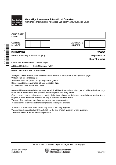 Mathematics 9709/63 May June 2019 | Cambridge AS & A Level Past Papers With Mark Scheme