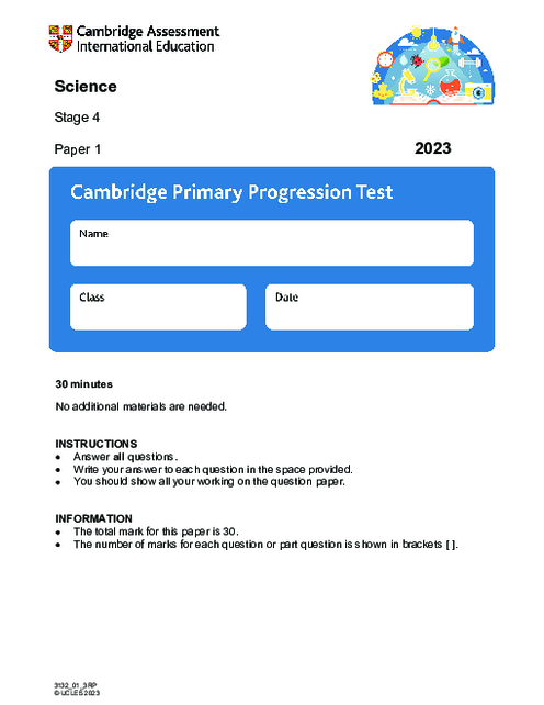 Cambridge Progression Test Stage 4 Science 2023 Paper 1 With Mark Scheme