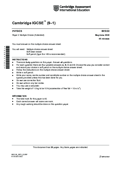 Paper 2, Variant 1, May June 2022 | Cambridge 9–1 GCSE  Physics (0972) Past Papers