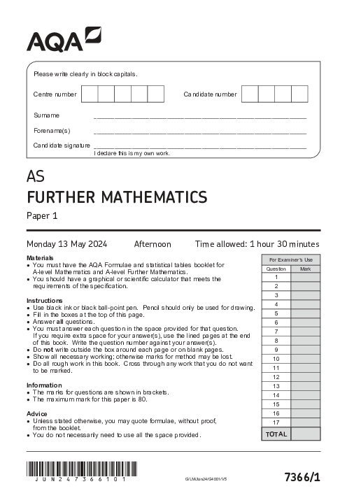 Further Mathematics 7366/1 June 2024
