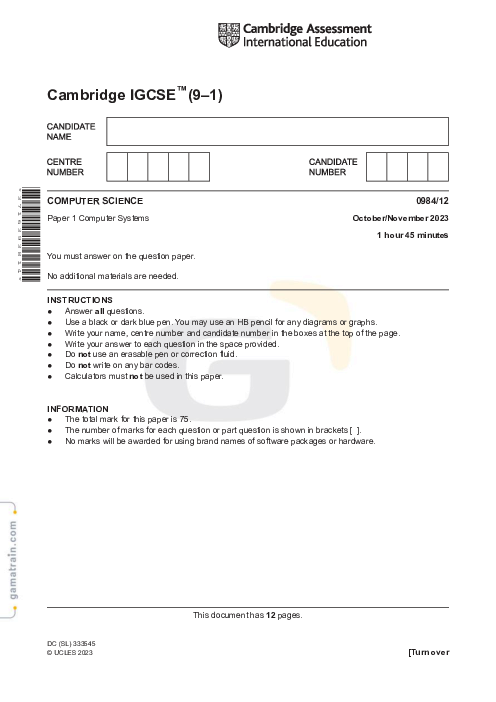 Computer Science 0984/12 Oct Nov 2023