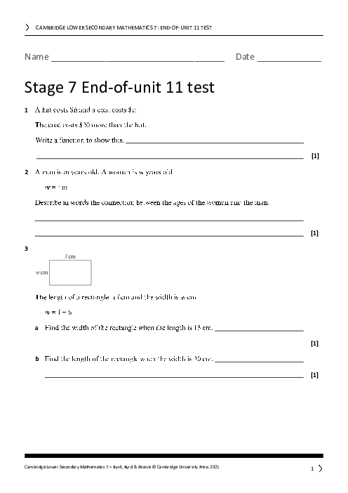 Year 7 Mathematics End of Unit 11 Test - Answers Included