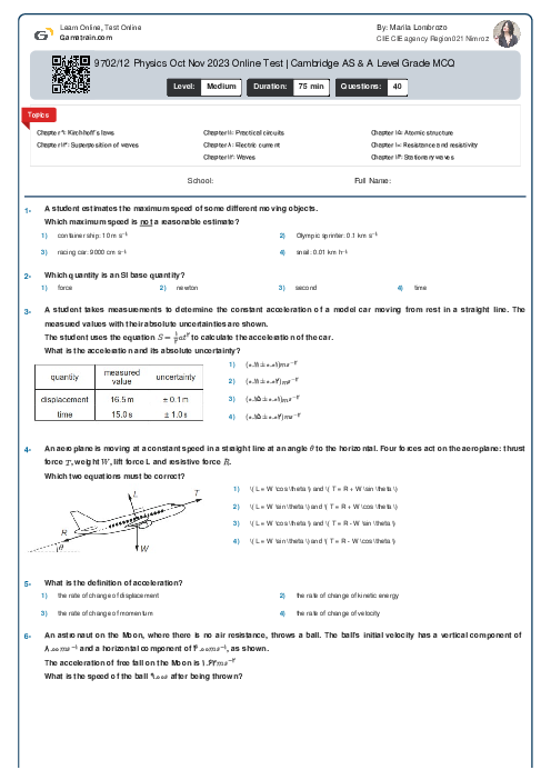 9702/12 Physics Oct Nov 2023 Online Test | Cambridge AS & A Level Grade MCQ