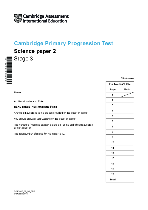 Cambridge Progression Test Stage 3 Science 2018 Paper 2 With Mark Scheme