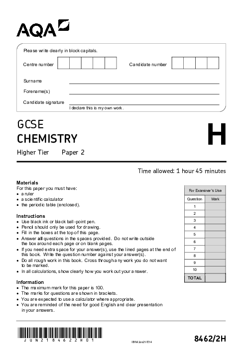 Chemistry 8462/2H June 2021