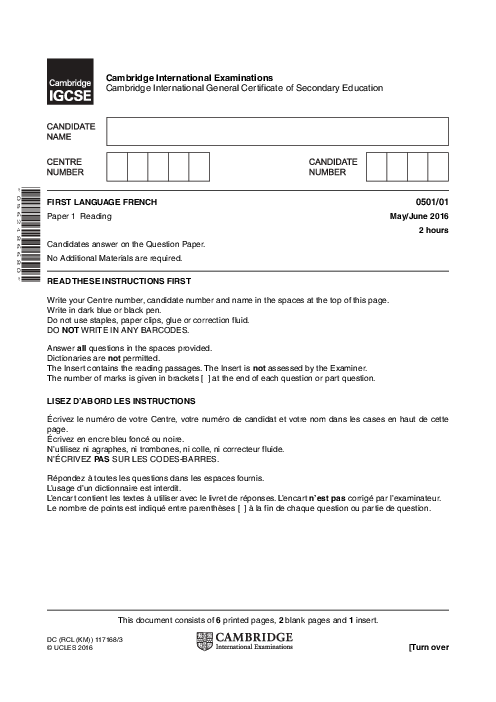 French First Language 0501/01 May June 2016