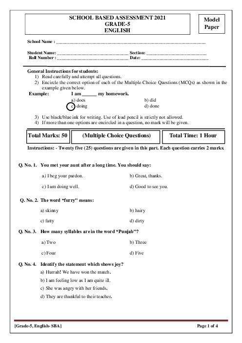 Grade 5 English Model Paper - School-Based Assessment 2021