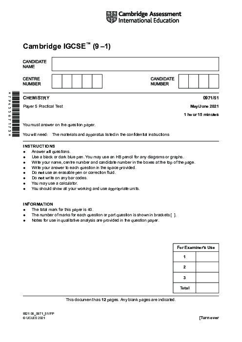  Chemistry 0971/51 May June 2021 | Cambridge 9–1 IGCSE Past Papers With Mark Scheme