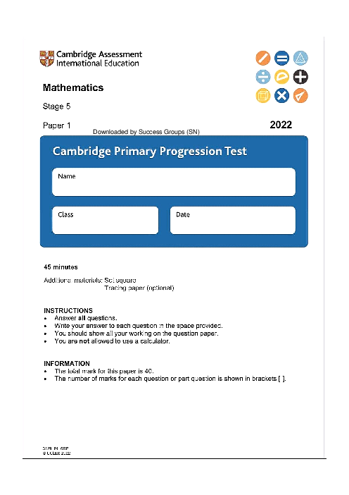 Cambridge Progression Test Stage 5 Mathematics 2022 Paper 1