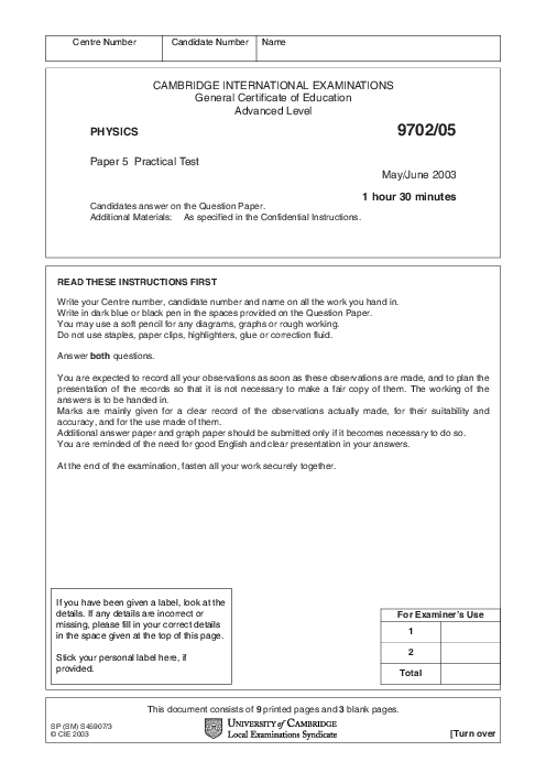 Paper 3, May June 2003 | Cambridge AS - A Level Physics (9702) Past Papers