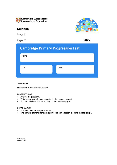 Cambridge Progression Test Stage 3 Science 2022 Paper 2 With Mark Scheme