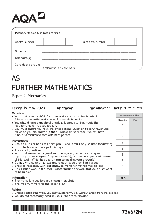 Further Mathematics 7366 Paper 2M June 2023, AQA AS-Level Past Papers with Mark Schemes