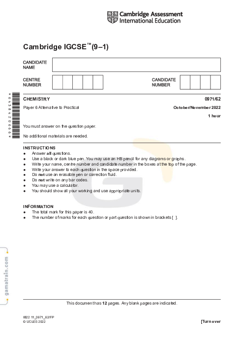 Chemistry 0971/62 Oct Nov 2022
