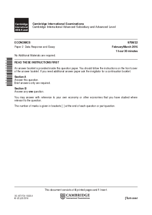 Economics 9708/22 March 2016 | Cambridge AS Level Past Papers With Mark Scheme