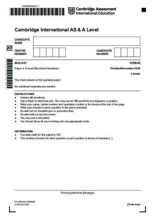 Biology 9700,42 Oct Nov 2024 | Cambridge AS - A Level Past Papers With Mark Scheme