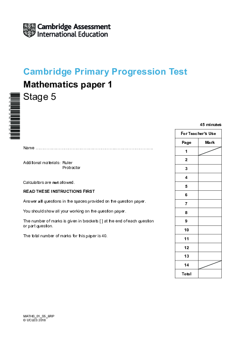 Cambridge Progression Test Stage 5 Mathematics 2018 Paper 1