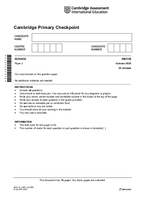 SCIENCE 0097,02 October 2023 | Cambridge Primary Checkpoint Past Papers and Mark Schemes