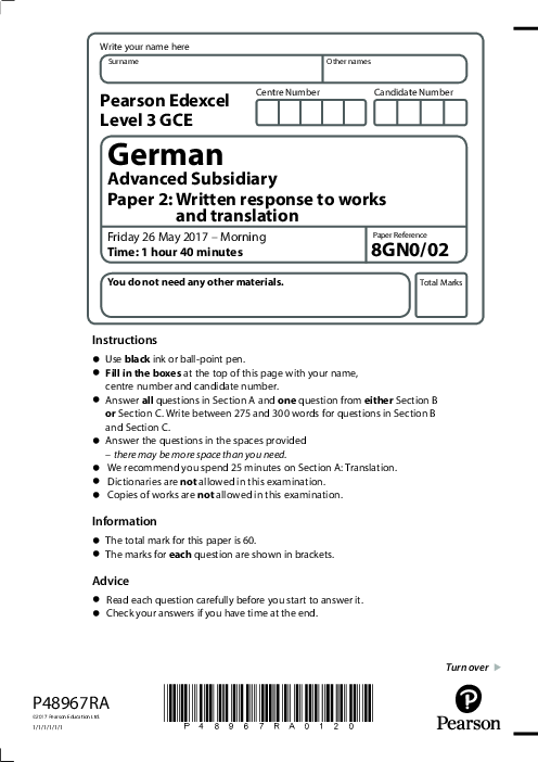   German  8GN0/02 June  2017 | Edexcel  AS Level Past Papers With Mark Scheme
