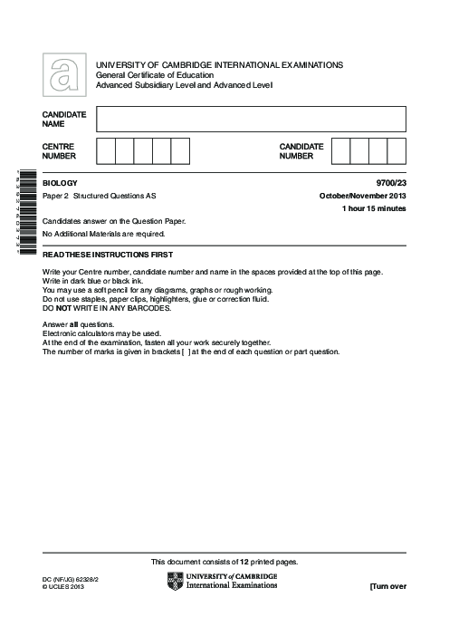 Biology 9700/21 Oct Nov 2013 | Cambridge AS Level Past Papers With Mark Scheme