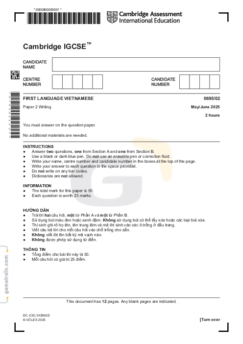 Vietnamese First Language 0695/02 May June 2025