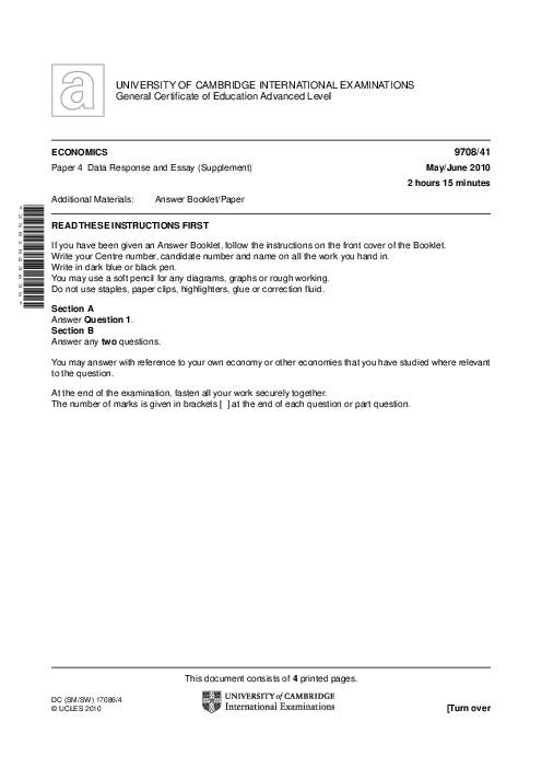 Paper 4, Variant 1, May June 2010 | Cambridge AS - A Level Economics (9708) Past Papers
