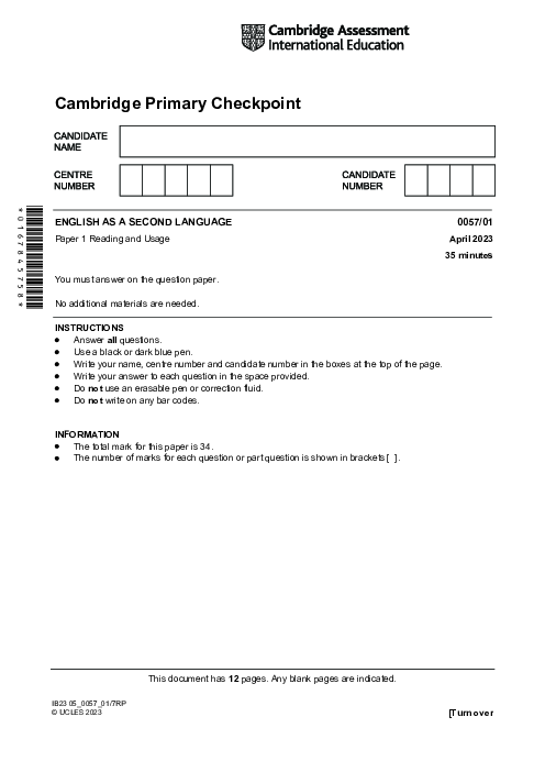 ENGLISH AS A SECOND LANGUAGE 0057,01 April 2023 | Cambridge Primary Checkpoint Past Papers with Mark Schemes