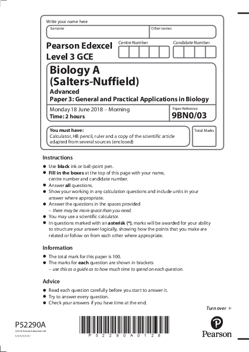  Biology (A) 9BN0/03 May June  2018 | Edexcel  A Level Past Papers With Mark Scheme