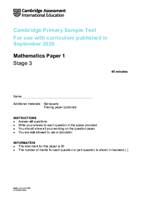 Cambridge Progression Test Stage 3 Mathematics 2020 Paper 1 With Mark Scheme