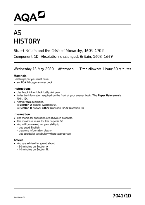 History 7041 Paper 1D June 2020, AQA AS-Level Past Papers with Mark Schemes