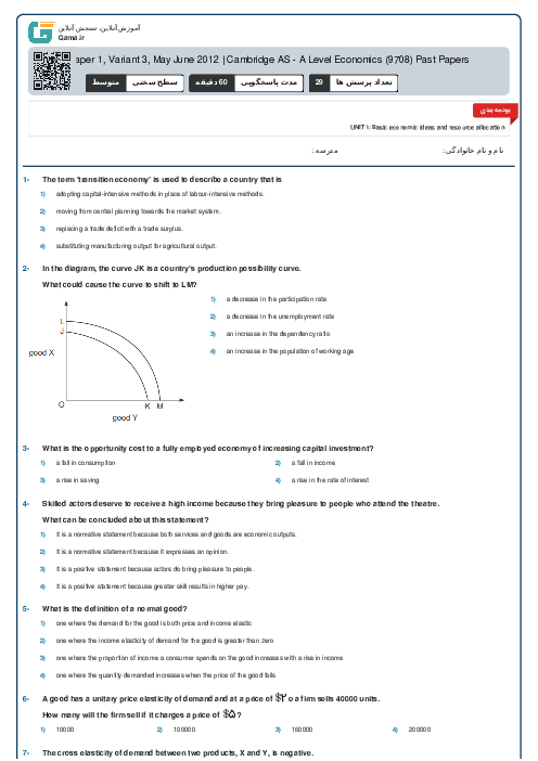 9708/13 Economics May Jun 2012 Online Test | Cambridge AS and A Level MCQ