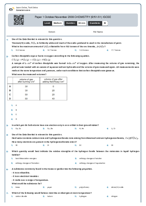 Paper 1 October/November 2008 CHEMISTRY (9701/01) IGCSE