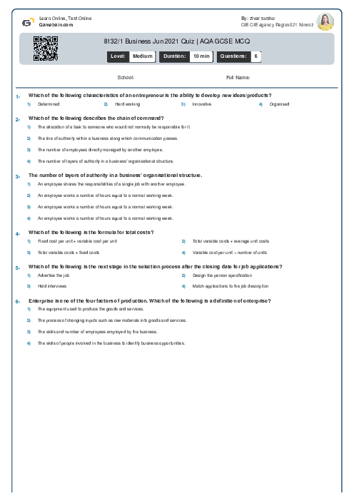 8132/1 Business Jun 2021 Quiz | AQA GCSE MCQ