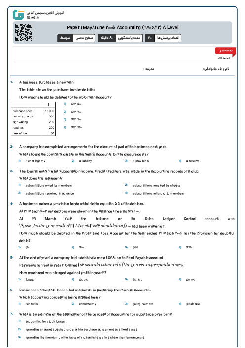 Paper 1 May/June 2005 Accounting (9706/12) A Level