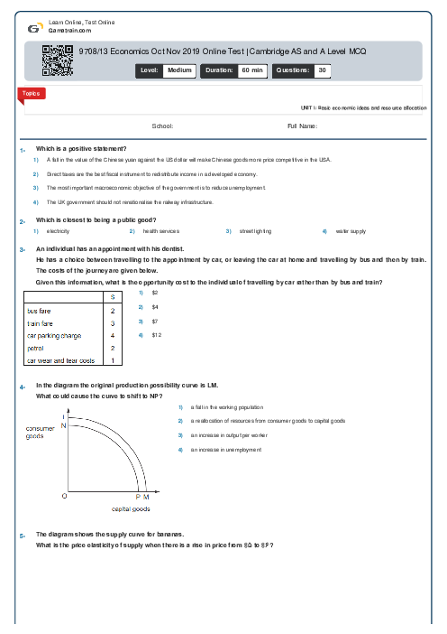 9708/13 Economics Oct Nov 2019 Online Test | Cambridge AS and A Level MCQ