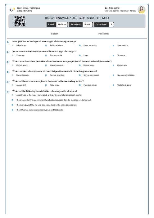 8132/2 Business Jun 2021 Quiz | AQA GCSE MCQ