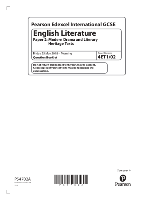 English Literature 4ET1/02 June  2018 | Edexcel  IGCSE Past Papers With Mark Scheme