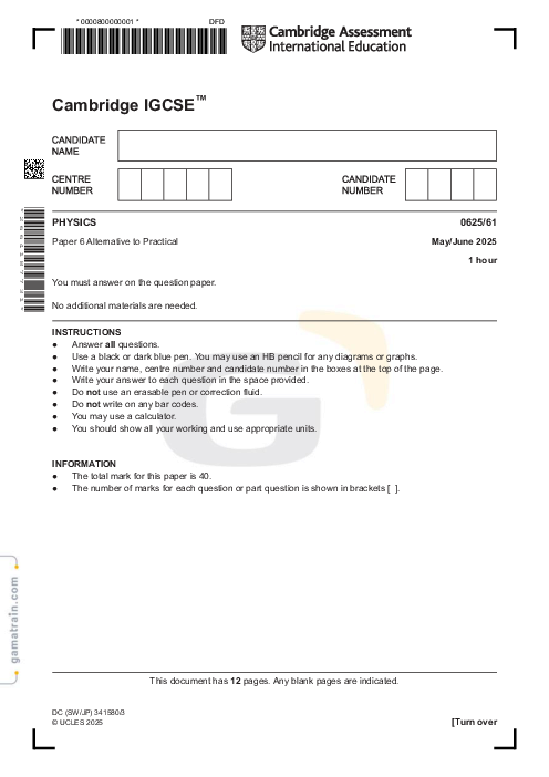 Physics 0625/61 May June 2025