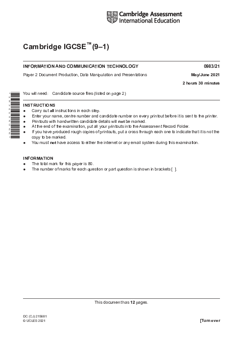  Information and Communication Technology 0983/21 May June 2021 | Cambridge 9–1 IGCSE Past Papers With Mark Scheme