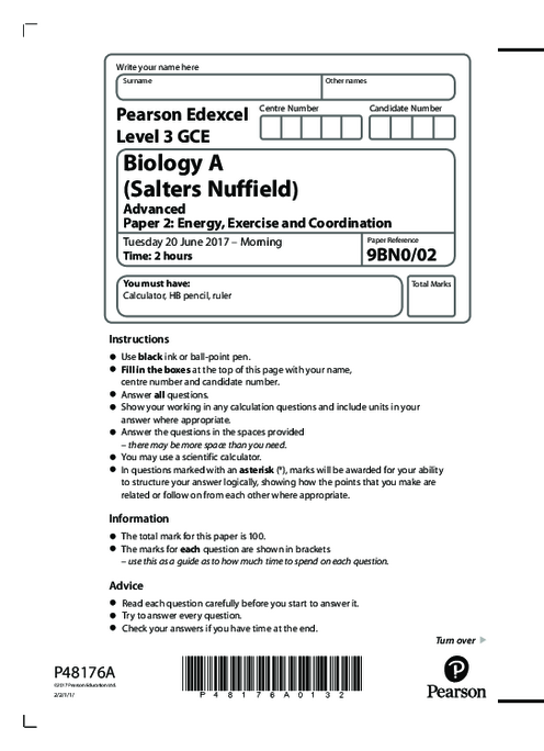  Biology (A) 9BN0/02 May June  2017 | Edexcel  A Level Past Papers With Mark Scheme