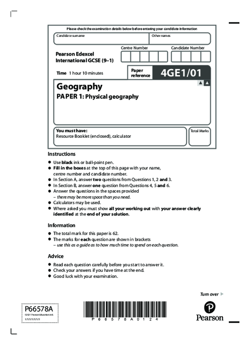 Geography 4GE1/01 June  2021 | Edexcel  IGCSE Past Papers With Mark Scheme