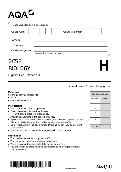 Biology 8461/1H June 2022