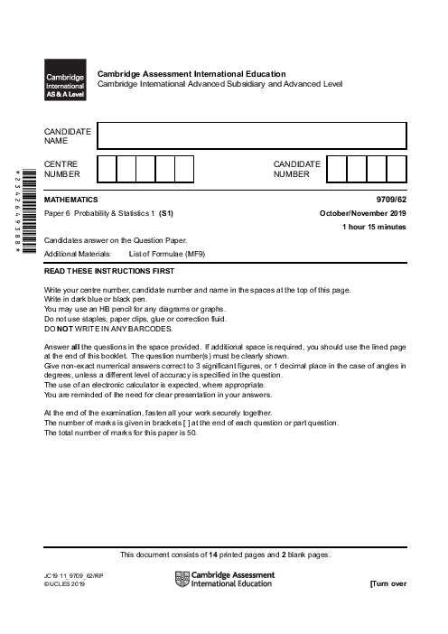 Mathematics 9709/62 Oct Nov 2019 | Cambridge AS & A Level Past Papers With Mark Scheme