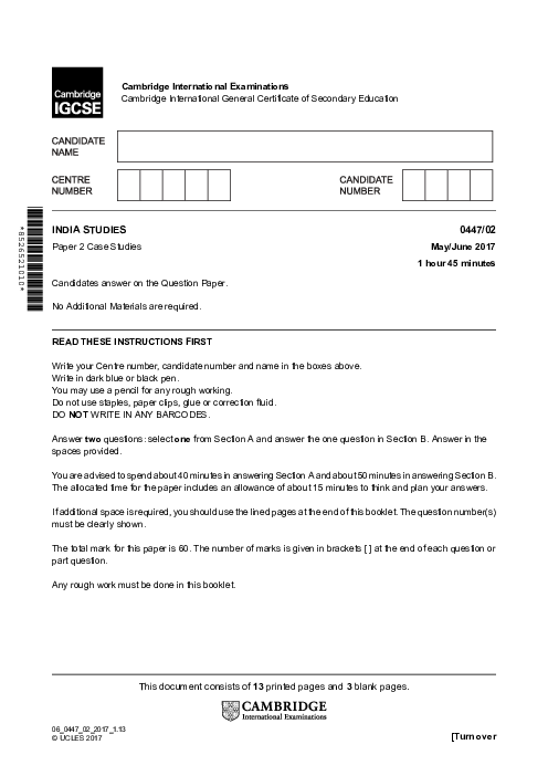 India Studies 0447/02 May June 2017