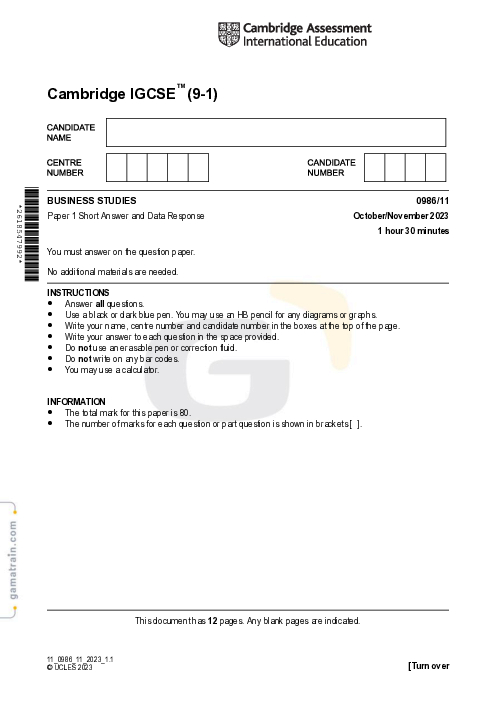 Business Studies 0986/11 Oct Nov 2023