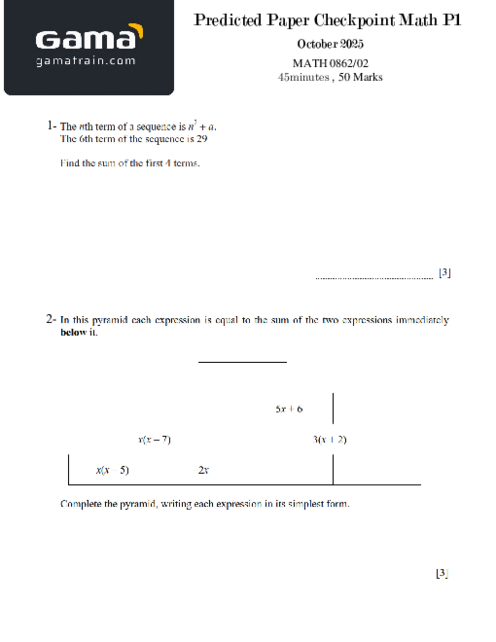 Free Predicted Paper Checkpoint Math(0862) Paper 2 for October 2025