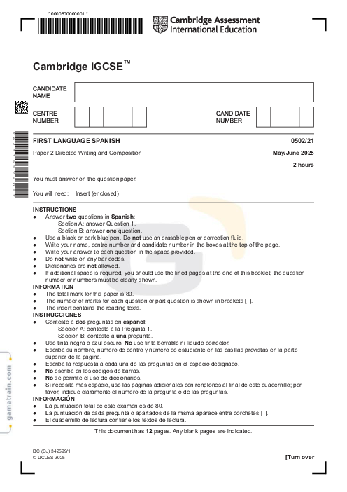 Spanish First Language 0502/21 May June 2025