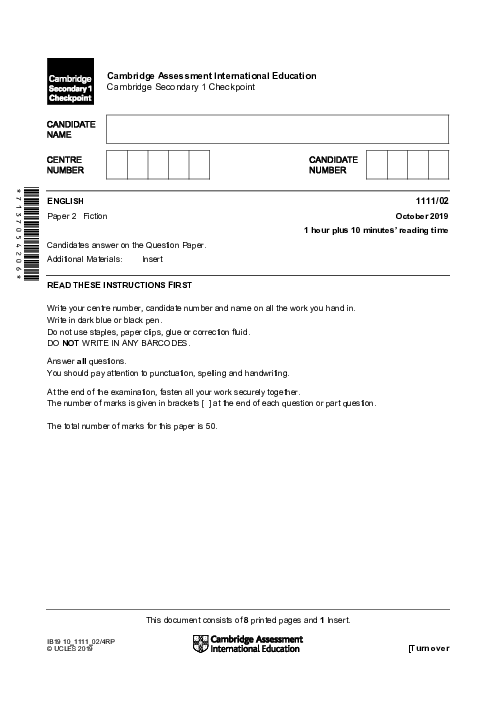 ENGLISH 1111,02 October 2019 | Cambridge Lower secondary Checkpoint Past Papers with Mark Schemes 