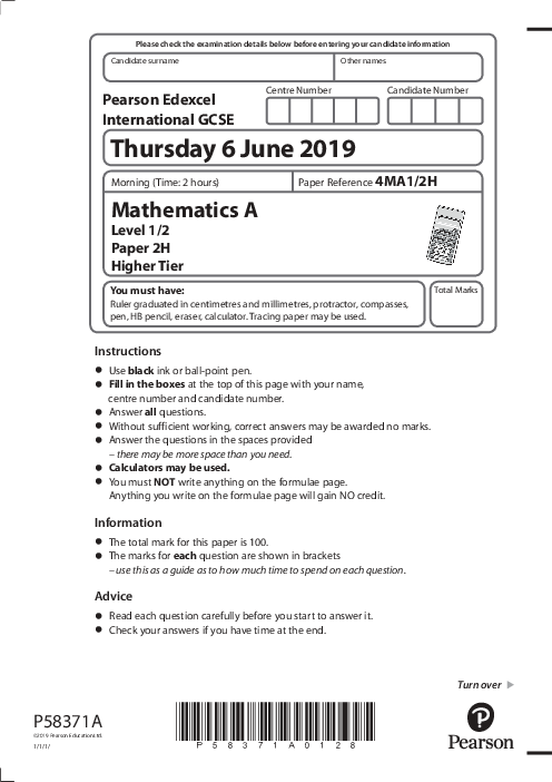 Mathematics (A) 4MA1/2H May June  2019 | Edexcel  IGCSE Past Papers With Mark Scheme